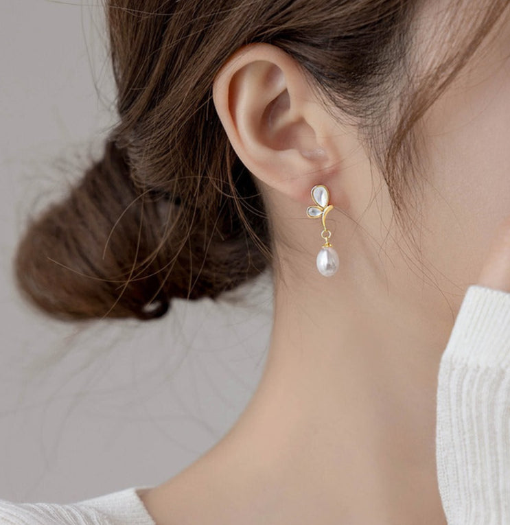 Natural Freshwater Pearl Pure Silver Earrings, Butterfly Shape