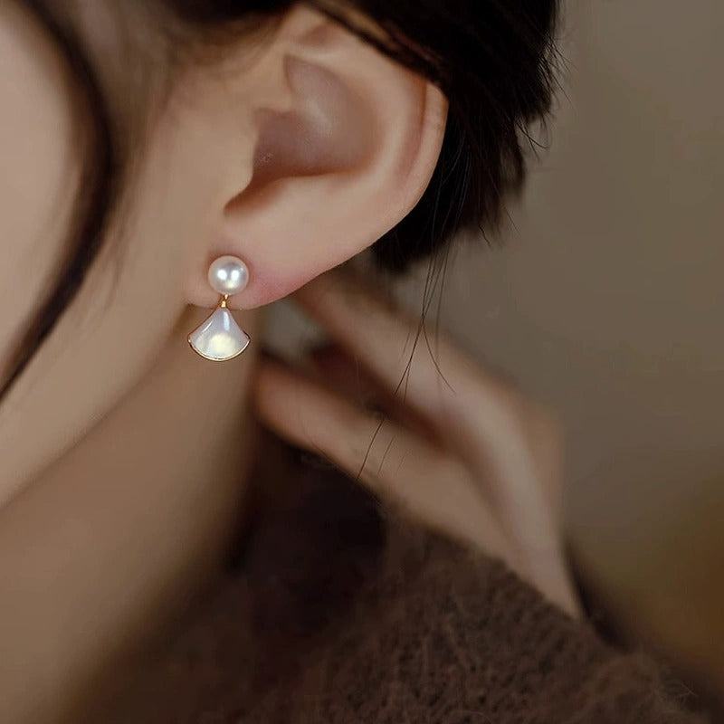 925 Pure Silver Natural Freshwater Pearl Earring Fan Shaped Shell Pendant