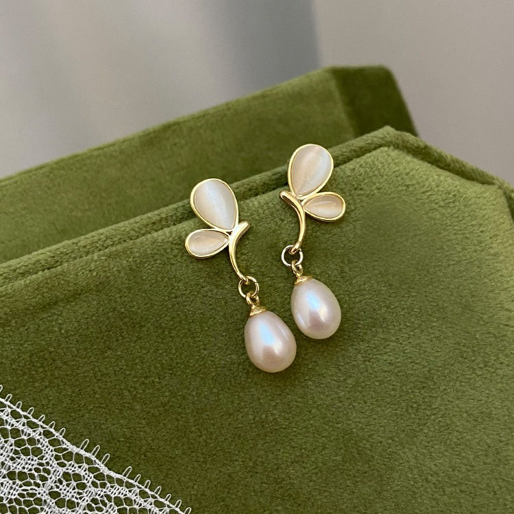 Natural Freshwater Pearl Pure Silver Earrings, Butterfly Shape