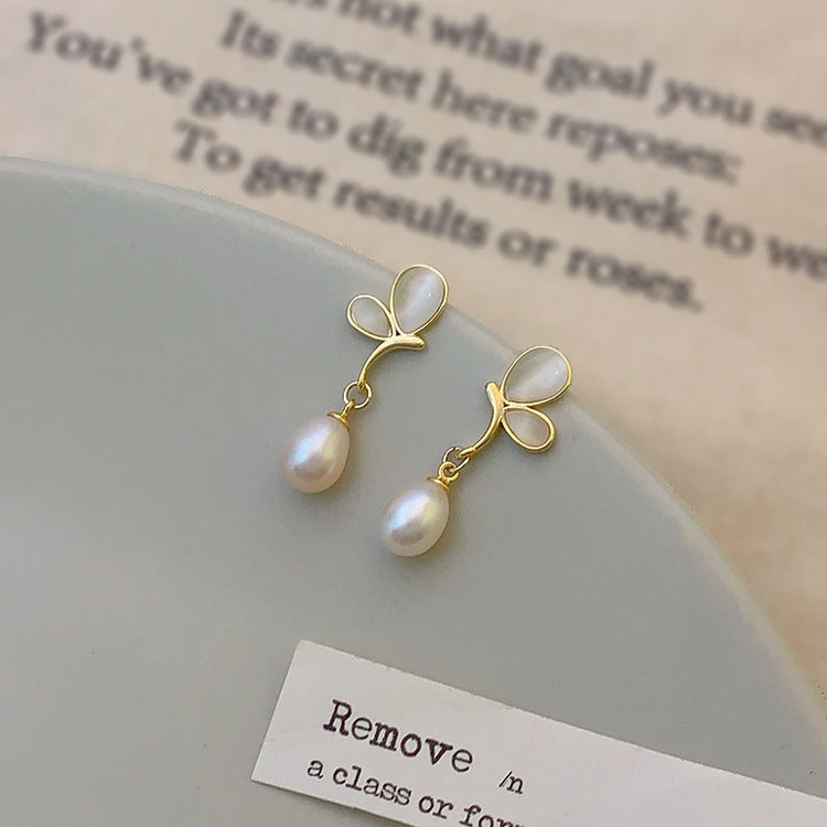Natural Freshwater Pearl Pure Silver Earrings, Butterfly Shape