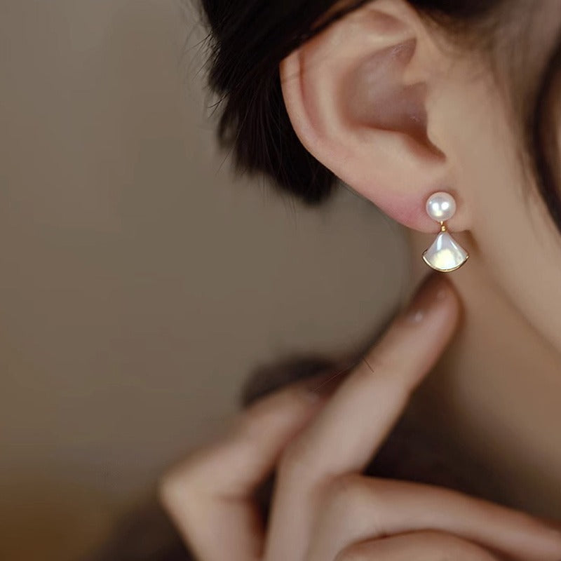 925 Pure Silver Natural Freshwater Pearl Earring Fan Shaped Shell Pendant