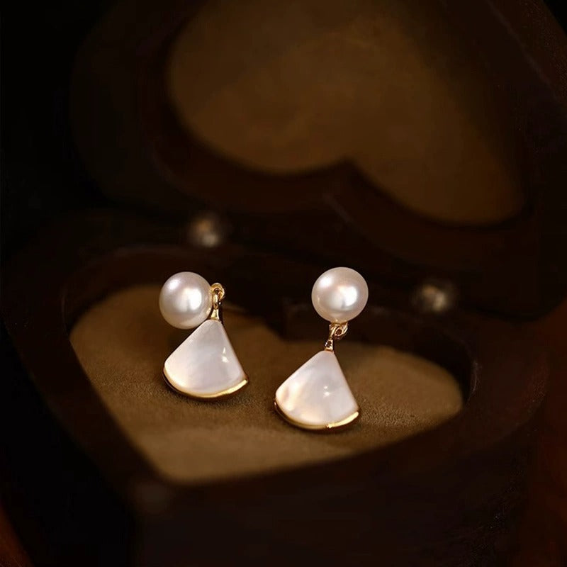 925 Pure Silver Natural Freshwater Pearl Earring Fan Shaped Shell Pendant
