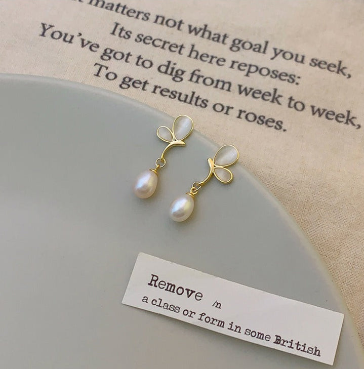 Natural Freshwater Pearl Pure Silver Earrings, Butterfly Shape