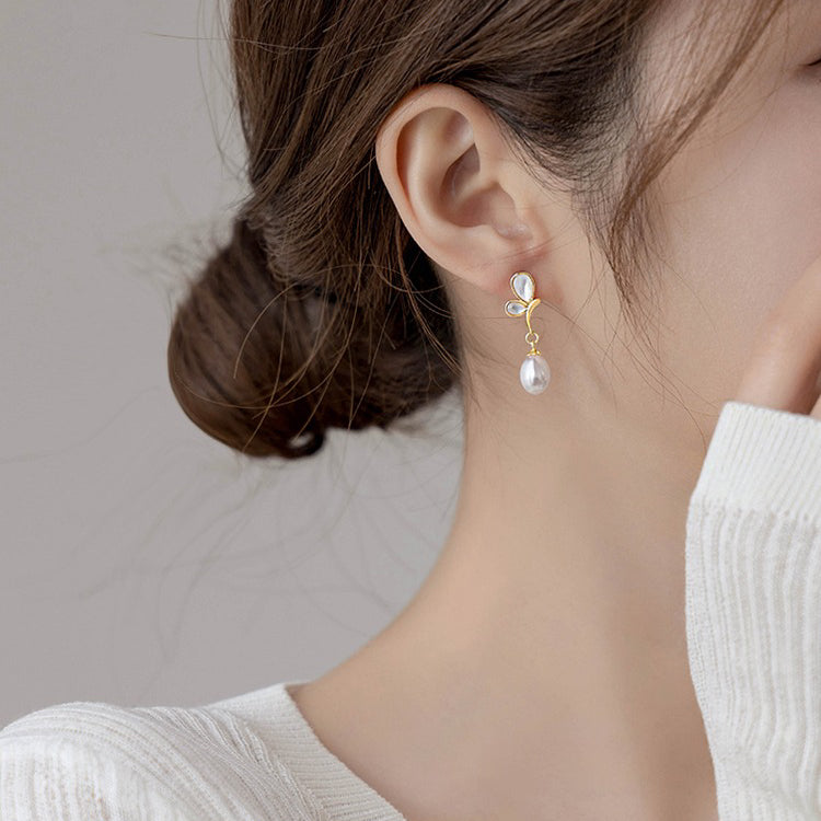 Natural Freshwater Pearl Pure Silver Earrings, Butterfly Shape