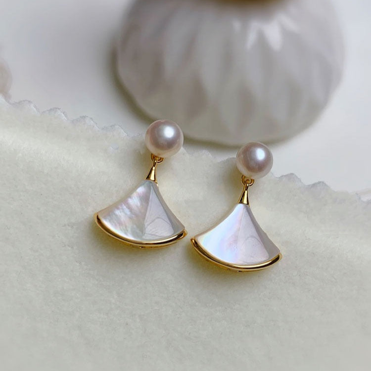 925 Pure Silver Natural Freshwater Pearl Earring Fan Shaped Shell Pendant