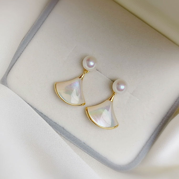 925 Pure Silver Natural Freshwater Pearl Earring Fan Shaped Shell Pendant