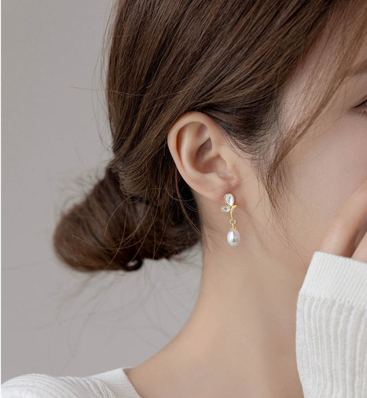 Natural Freshwater Pearl Pure Silver Earrings, Butterfly Shape