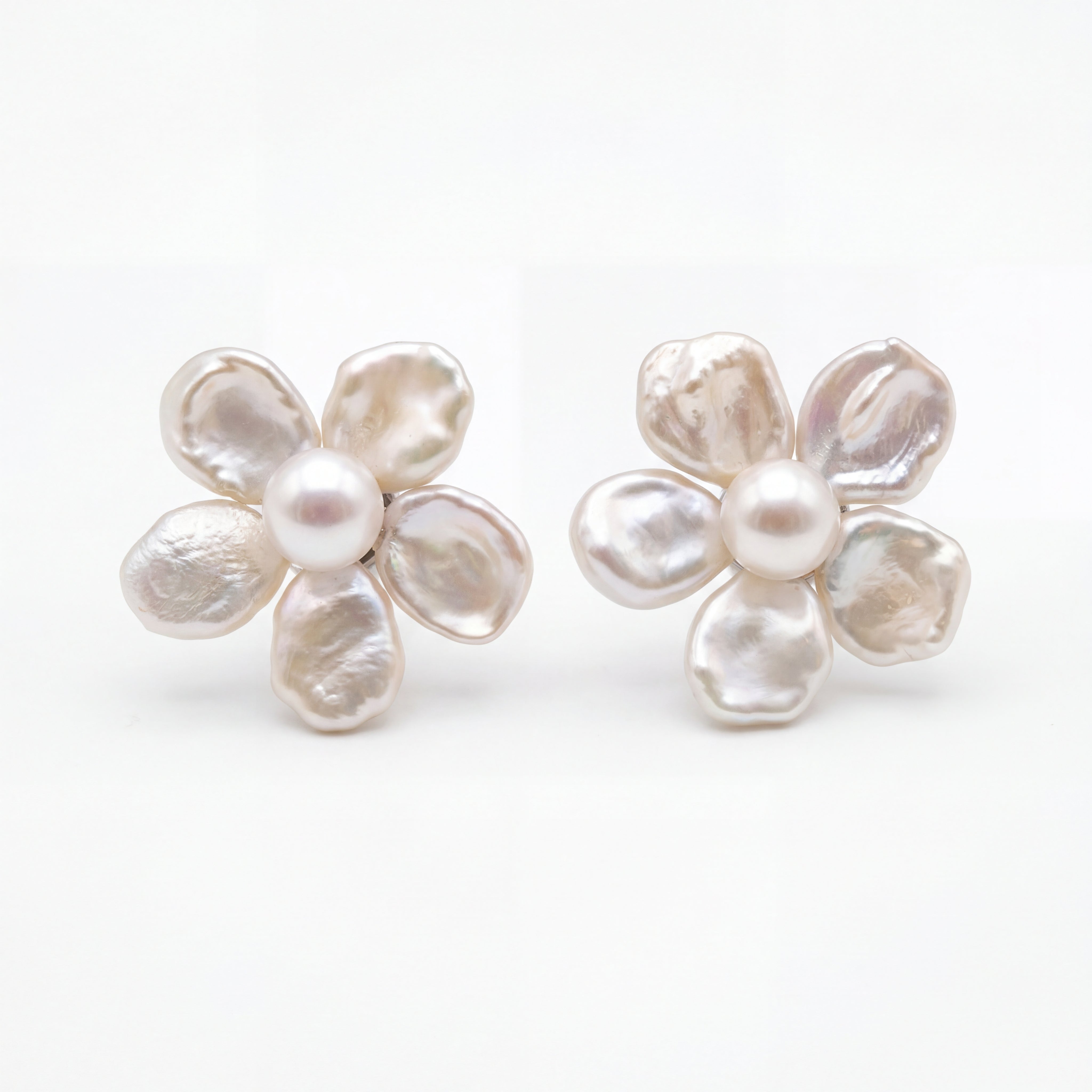 Handmade Pearl Flower Stud Earrings - Natural Freshwater Floral Jewelry