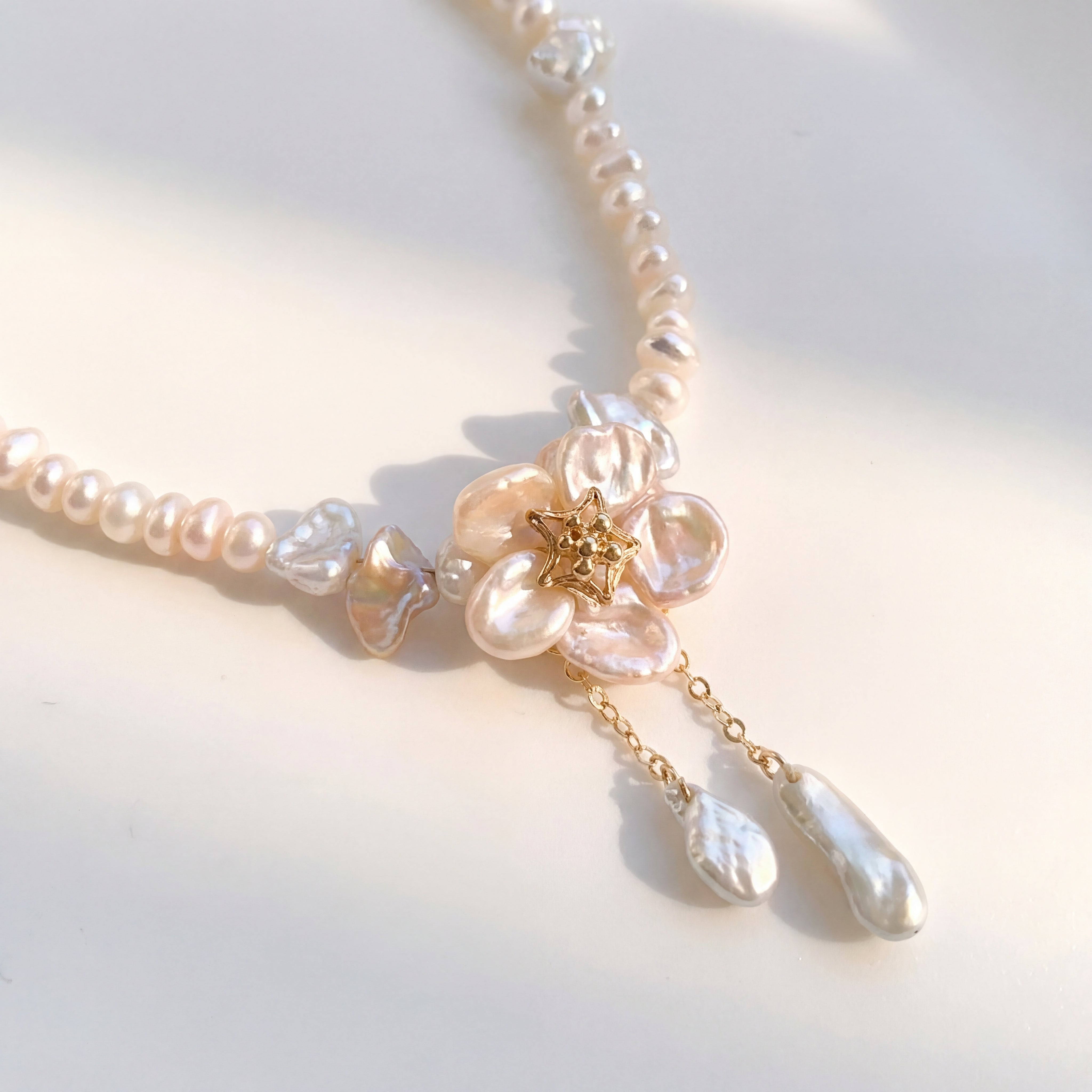 Handmade Baroque Pearl Flower Choker - Dainty Floral Tassel Necklace