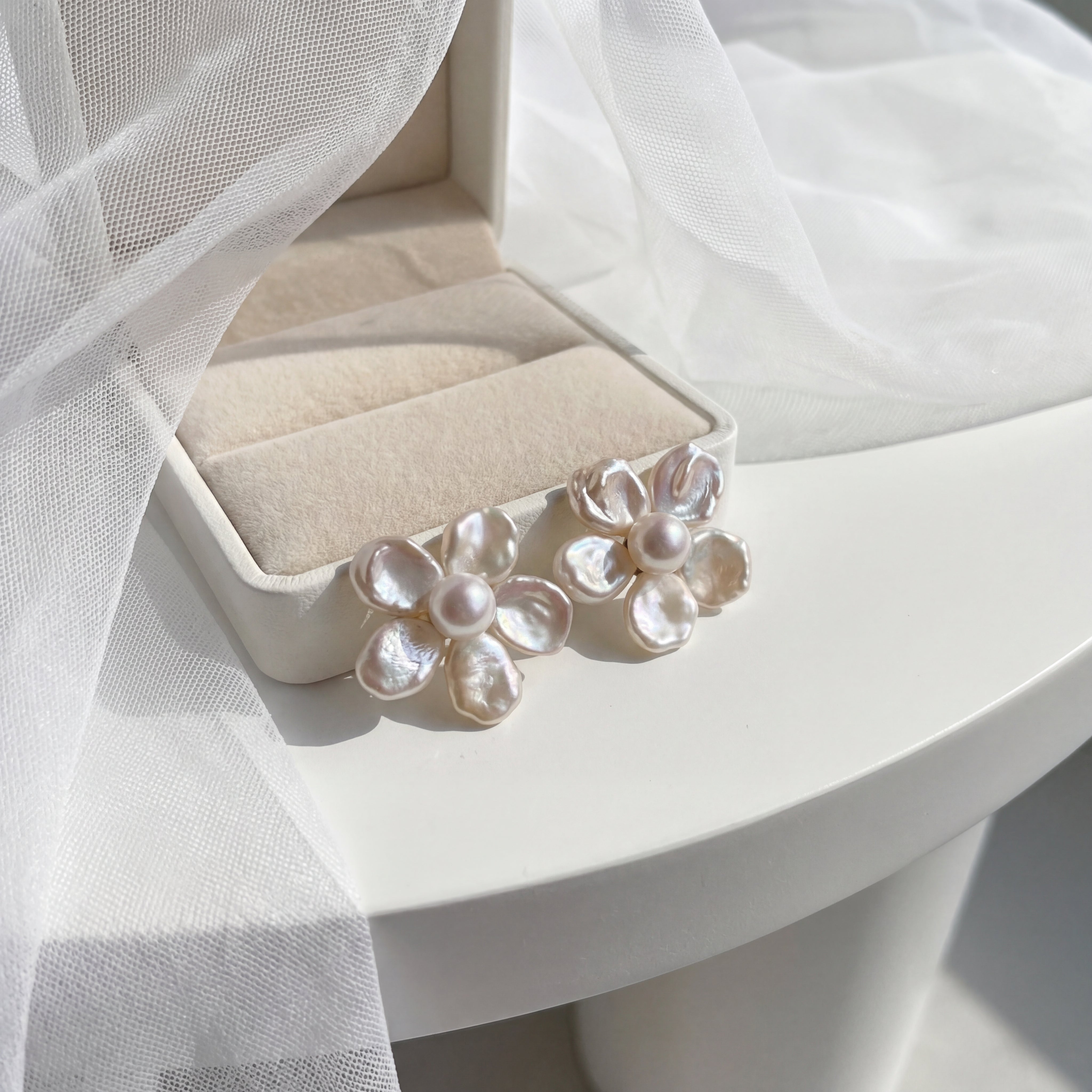 Handmade Pearl Flower Stud Earrings - Natural Freshwater Floral Jewelry