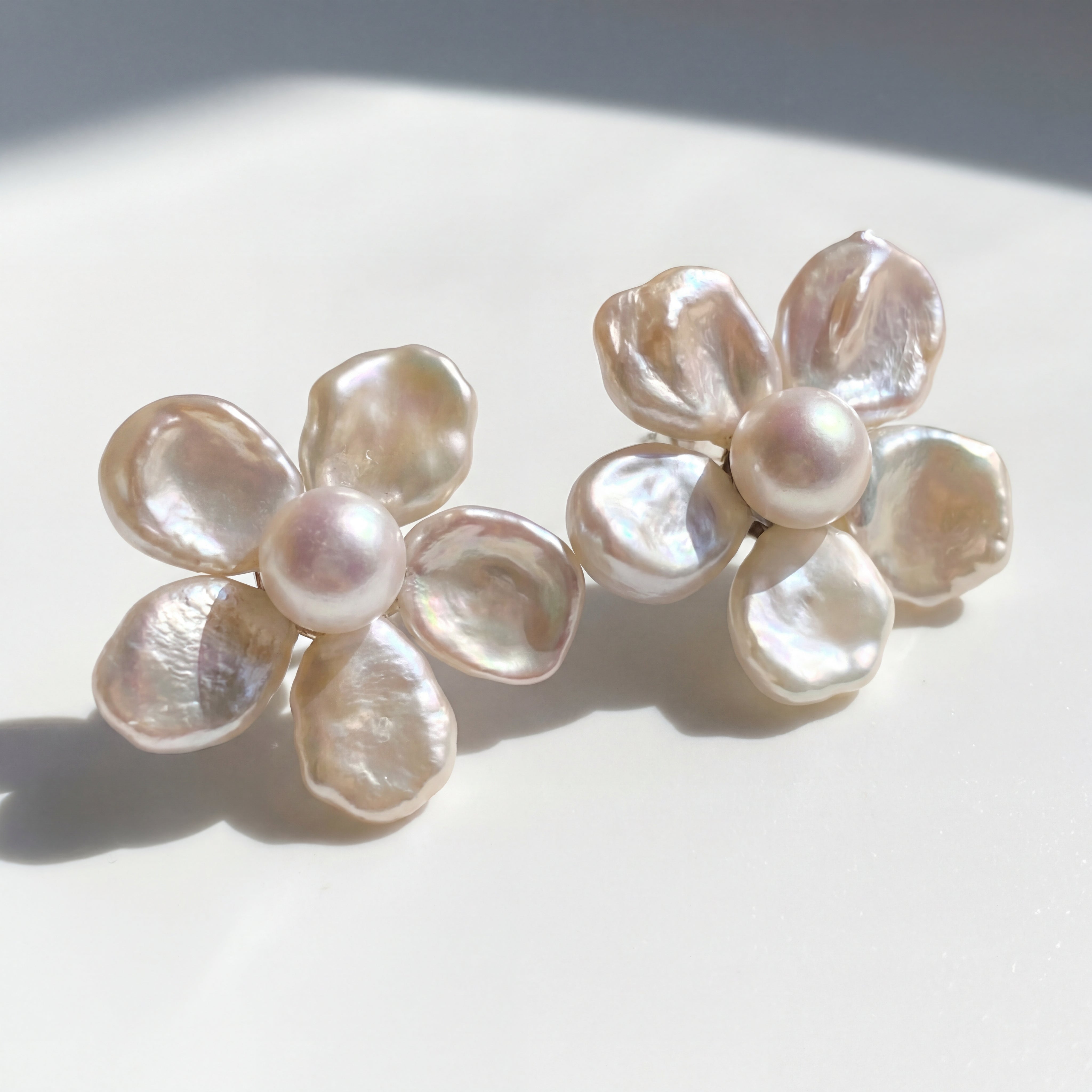 Handmade Pearl Flower Stud Earrings - Natural Freshwater Floral Jewelry