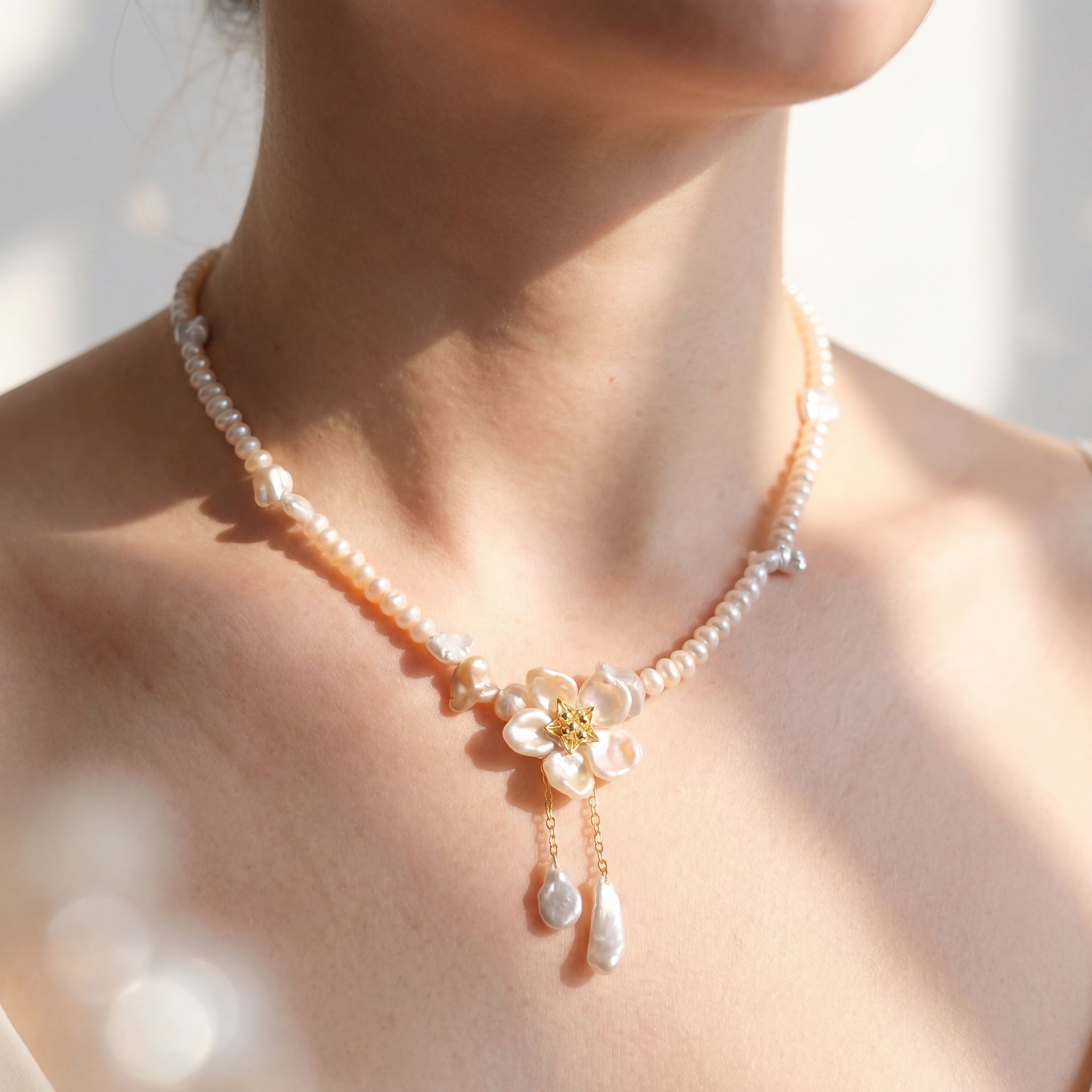 Handmade Baroque Pearl Flower Choker - Dainty Floral Tassel Necklace