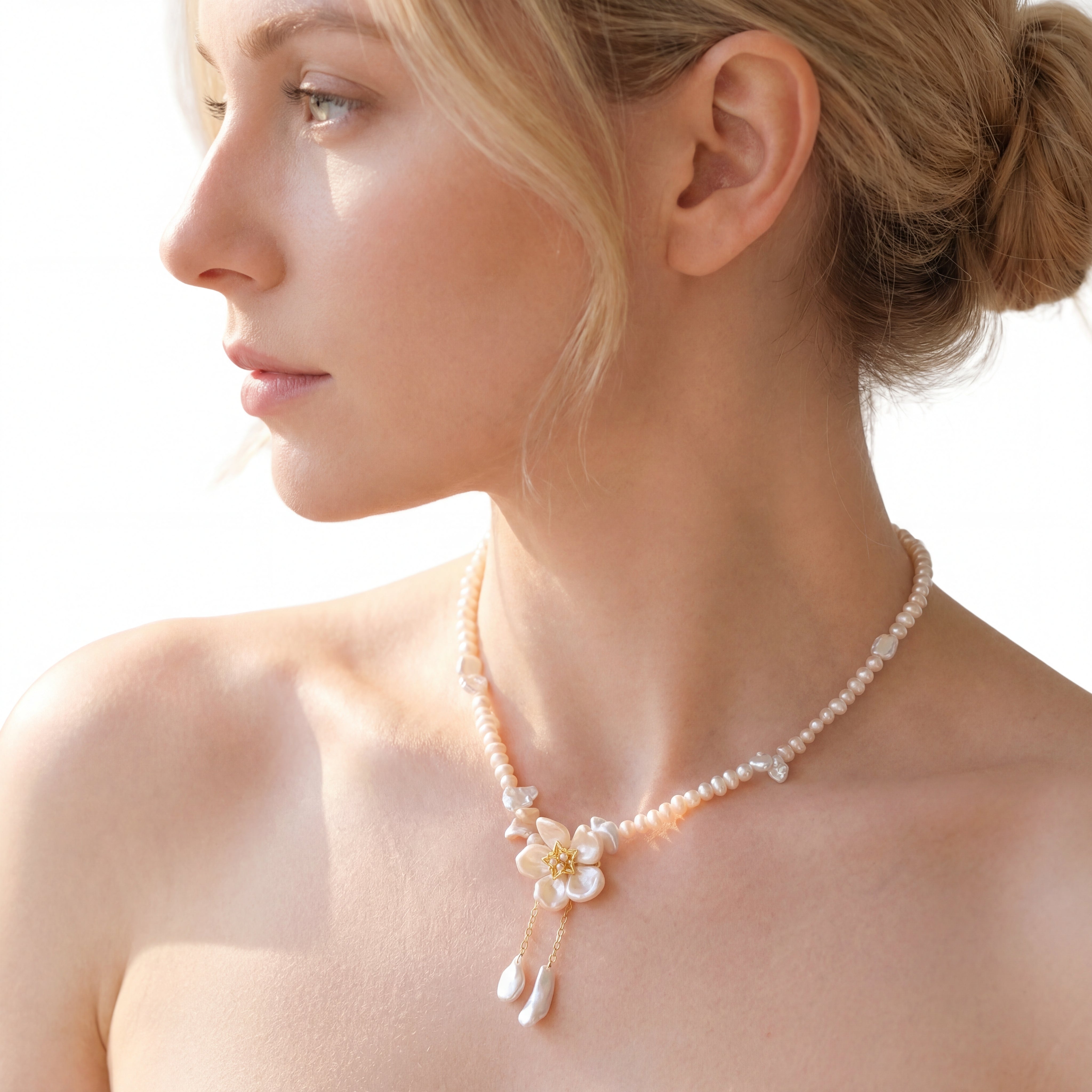 Handmade Baroque Pearl Flower Choker - Dainty Floral Tassel Necklace